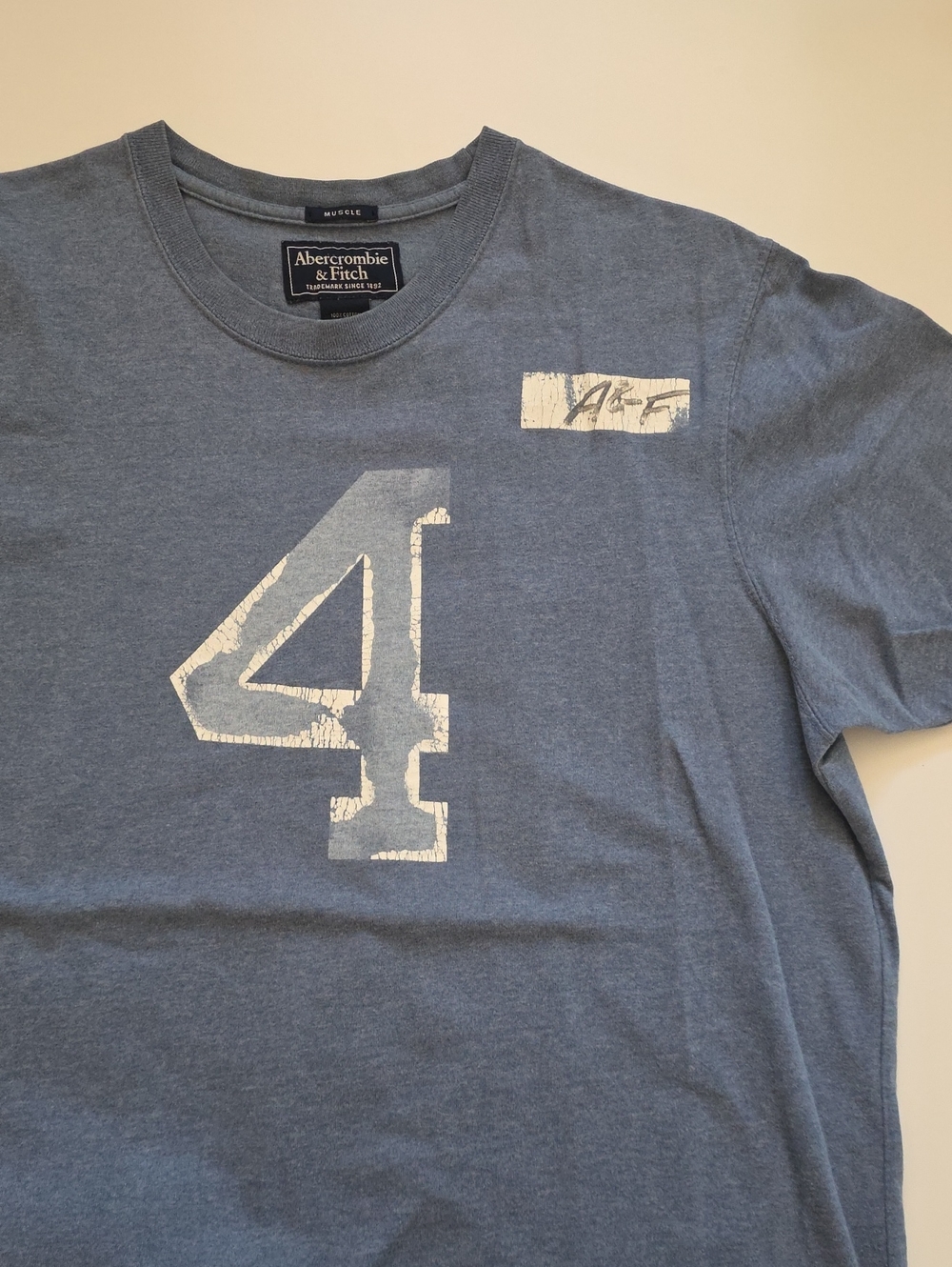 Abercrombie & Fitch Men's Heather Blue Short-Sleeve Graphic Tee with White '4'